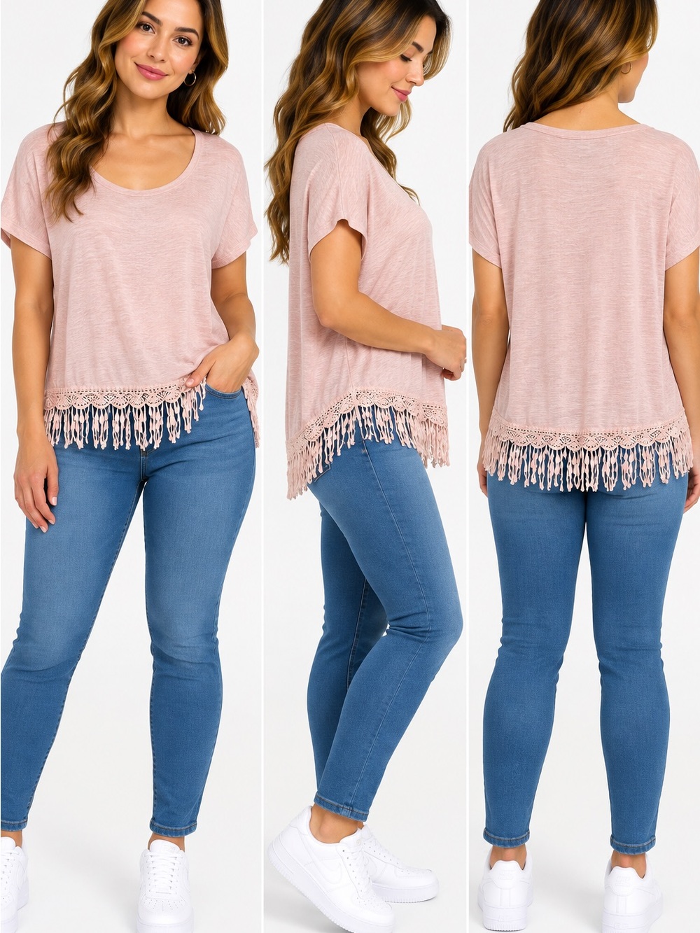 Cato Women’s XL Blush Pink Fringe Crochet Hem Boho Top